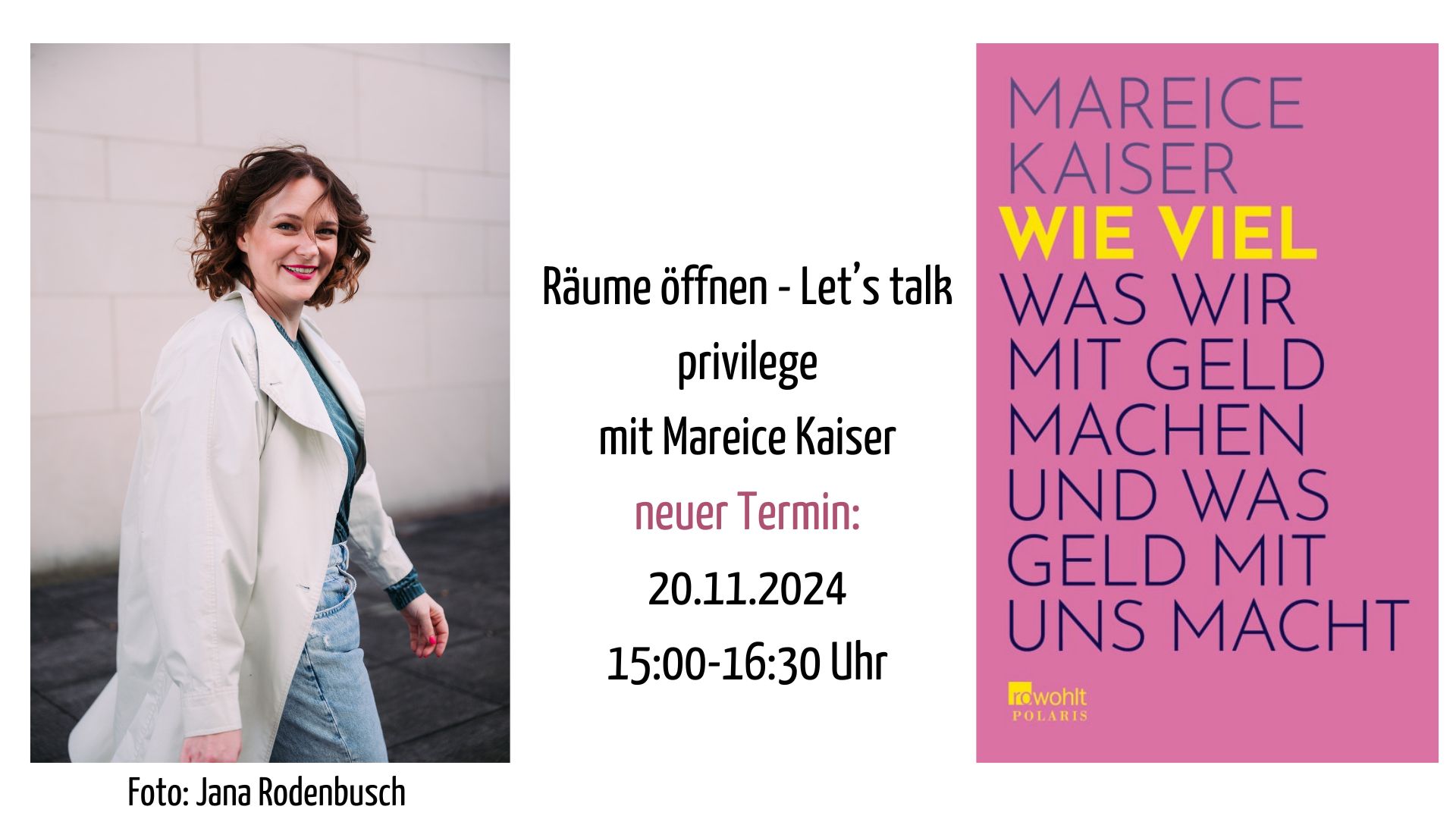 Mareice Kaiser in einem weißen Mantel, Buchcover und das Datum: 20.11., 15-16.30 Uhr